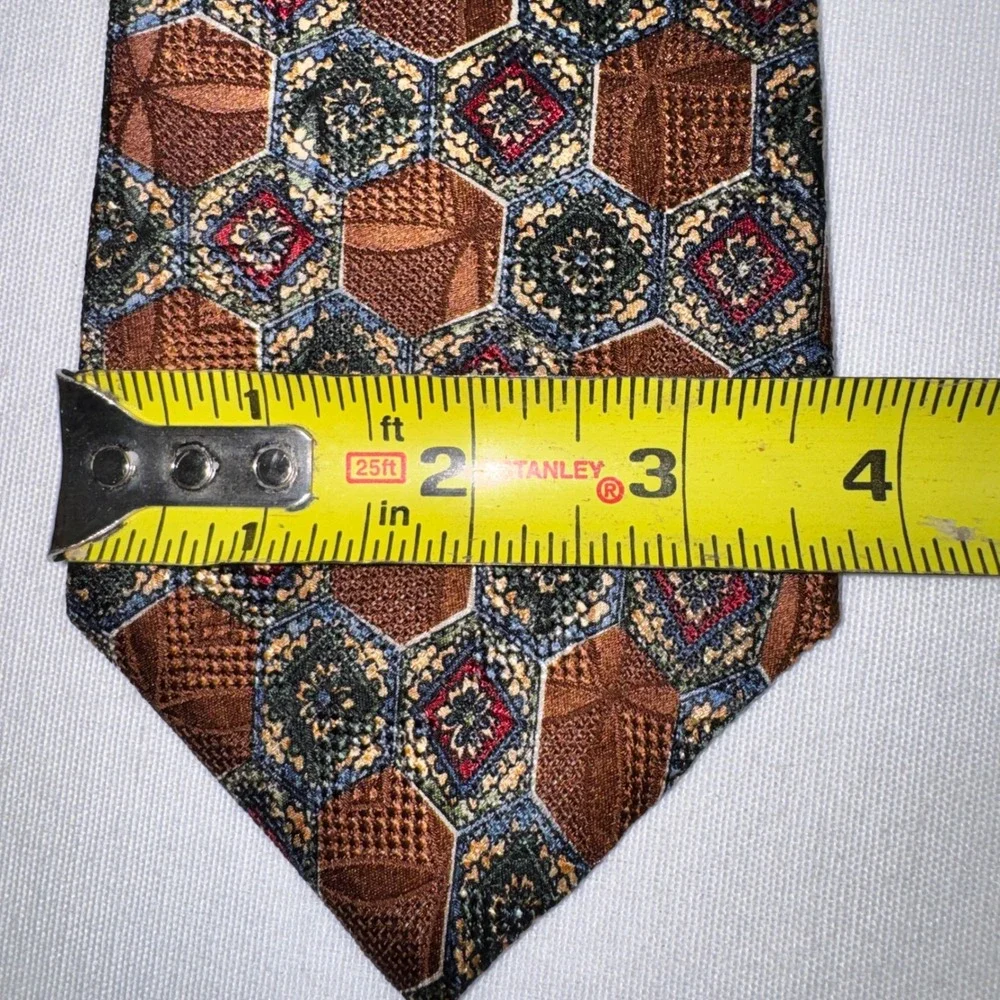 Oscar de la Renta Mens Silk Tie Brown Green Geometric Honeycomb Medallion USA